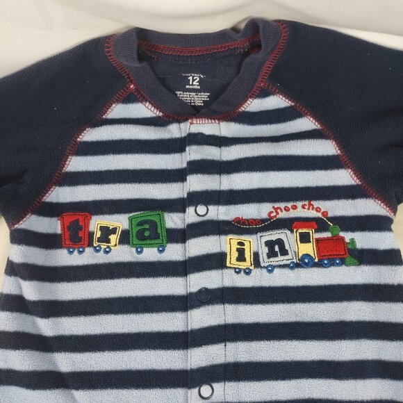 Carters Boy's Infant Blue Long Sleeve Fleece One Piece "Trains" Size 12 Months - Picture 2 of 4